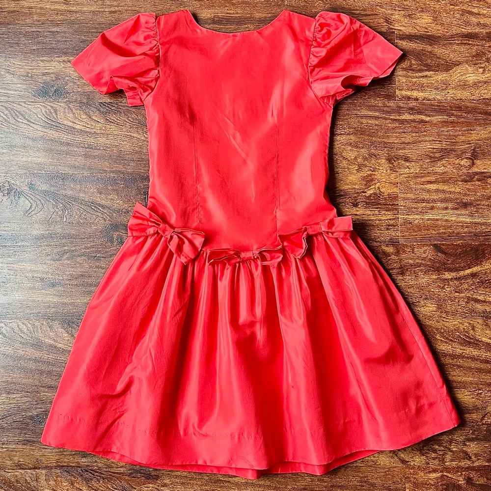 Vintage Girls Sylvia Whyte Polyester Red Party Holiday Dress Bows Size 10 Large